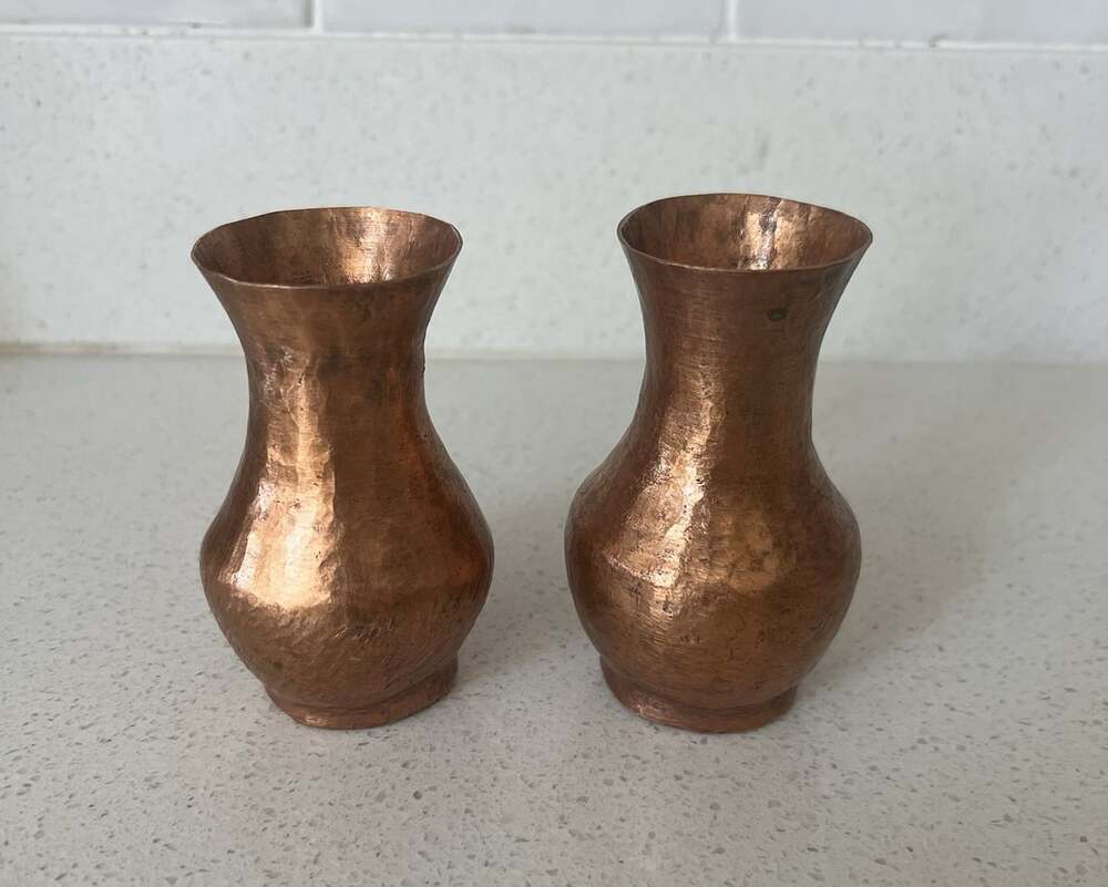 Pair Hammered Copper Bud Vases Small 4.5” Rustic Boho Farmhouse Decor